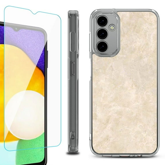 Shockproof Bumper Phone Case for Samsung Galaxy A14 5G, with Tempered Glass Screen Protector, by OneToughShield ® - Marble / Latte