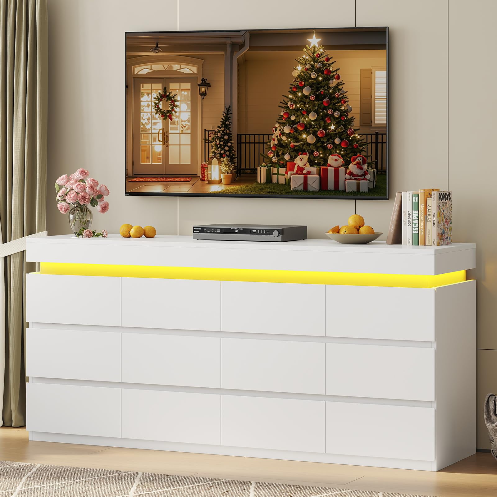 Afuhokles 12 Drawer Dresser with LED Light, White Modern Chest of Drawers for Bedroom