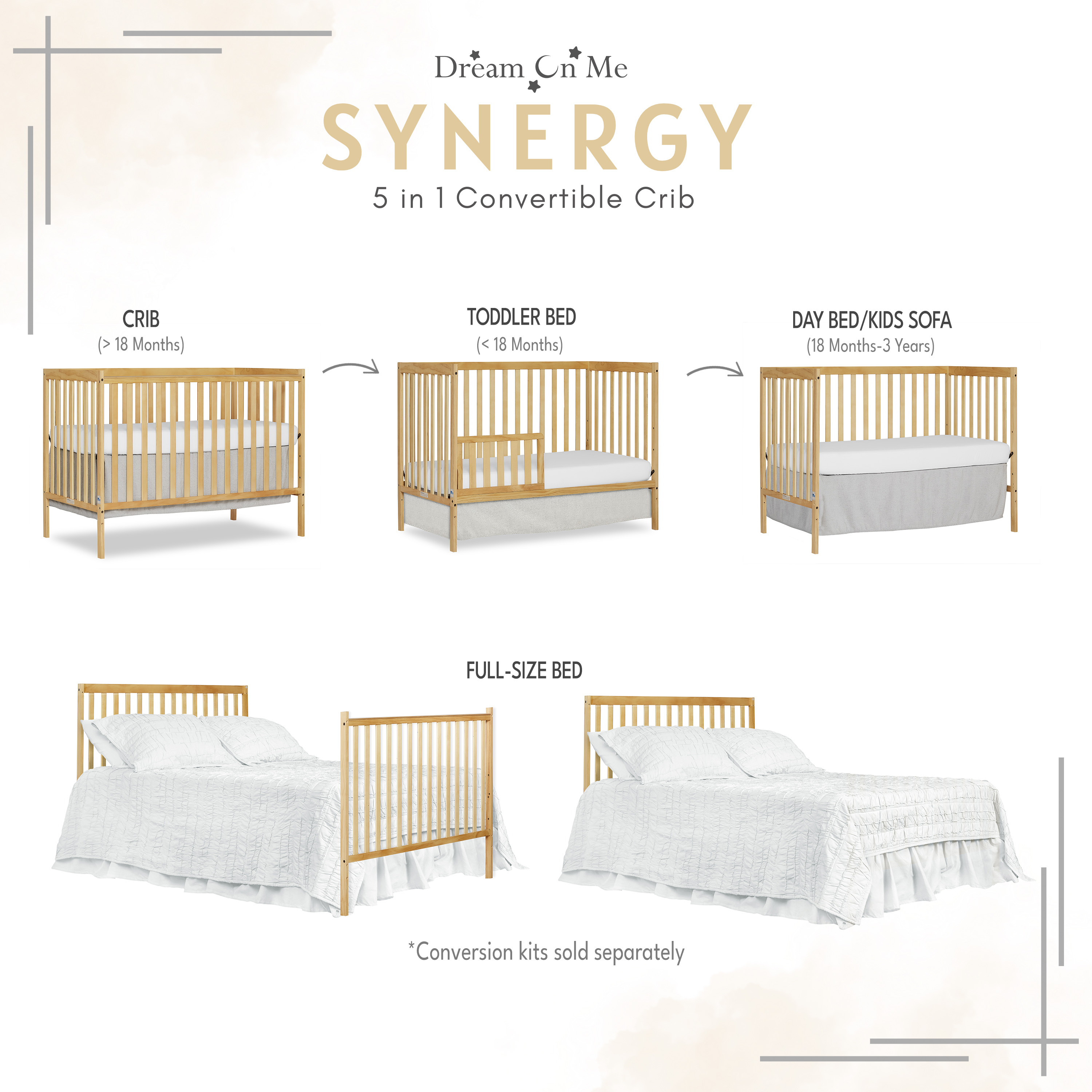 Dream On Me Synergy 5in1 Convertible Crib, Natural