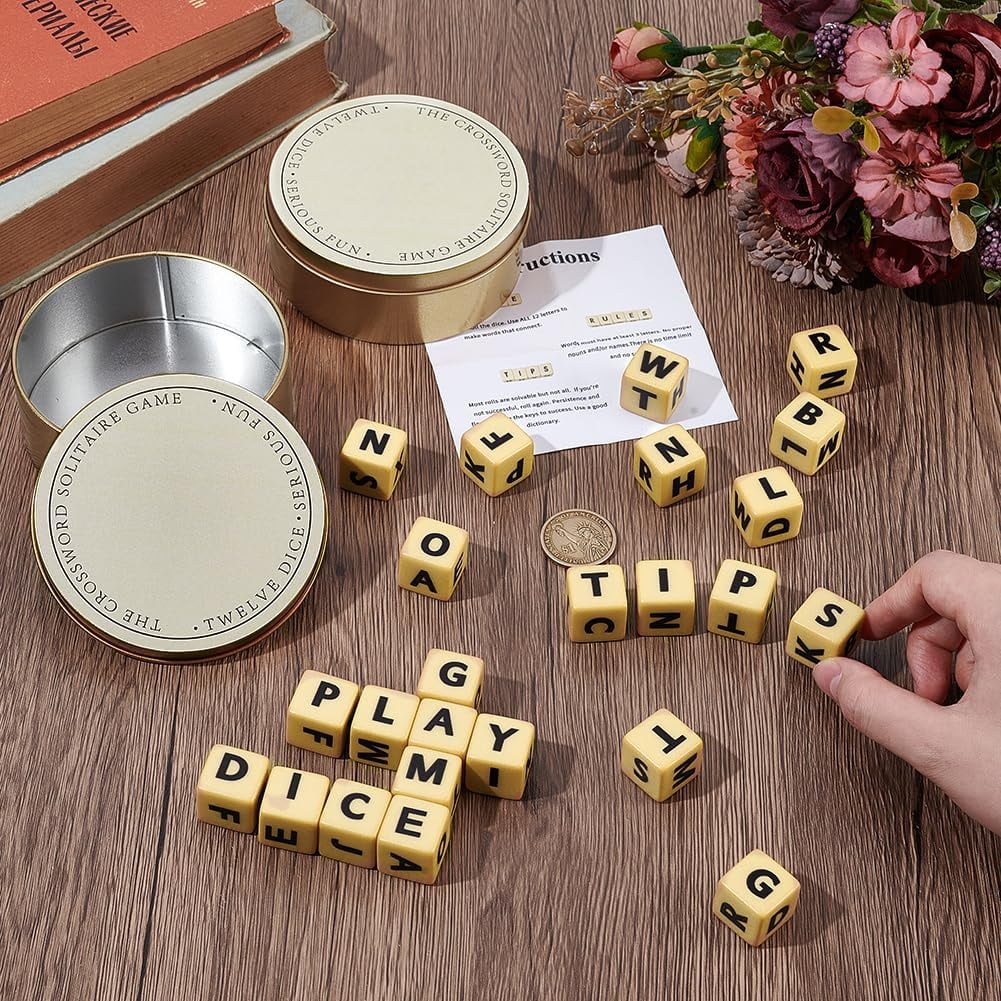 NBEADS 2 Pack Crossword Letter Dice Game - Portable Storage Tins for Travel/Camping/Family Night (Golden)Z