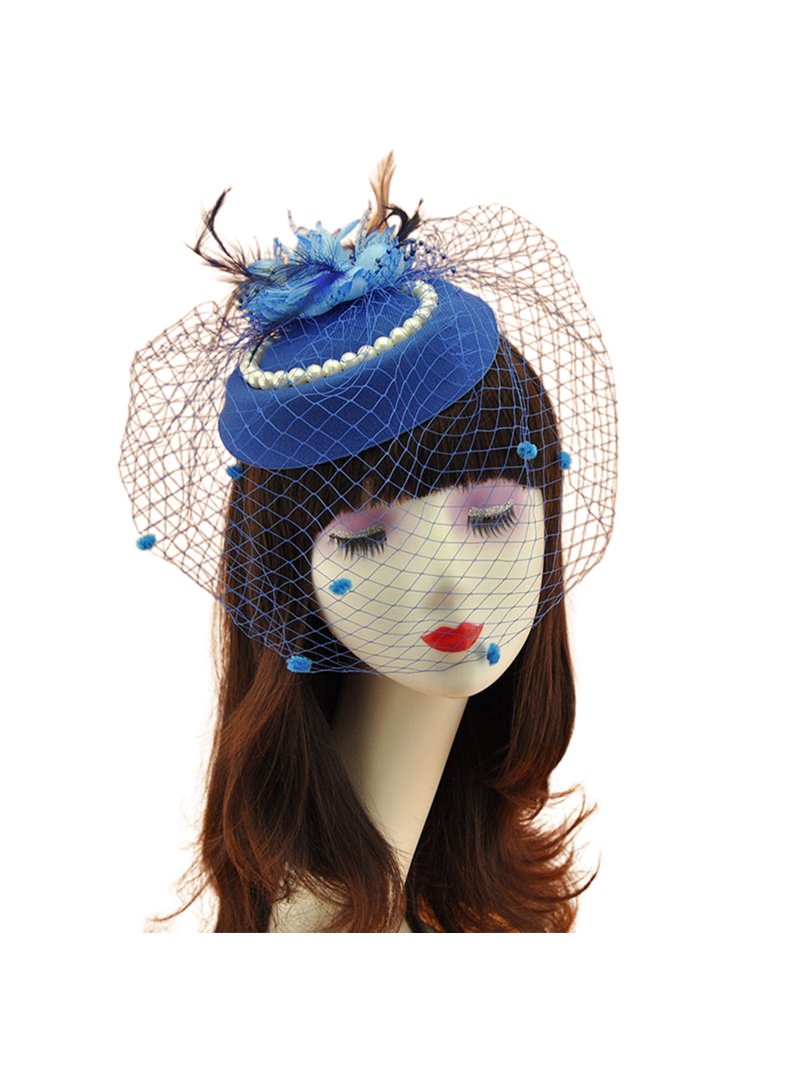 lizyue Women Felt Hat Solid Color Fishnet Fine Workmanship Veil Faux Pearl Hair Decoration Perspective Bridal Wedding Lady Banquet Beret Hair