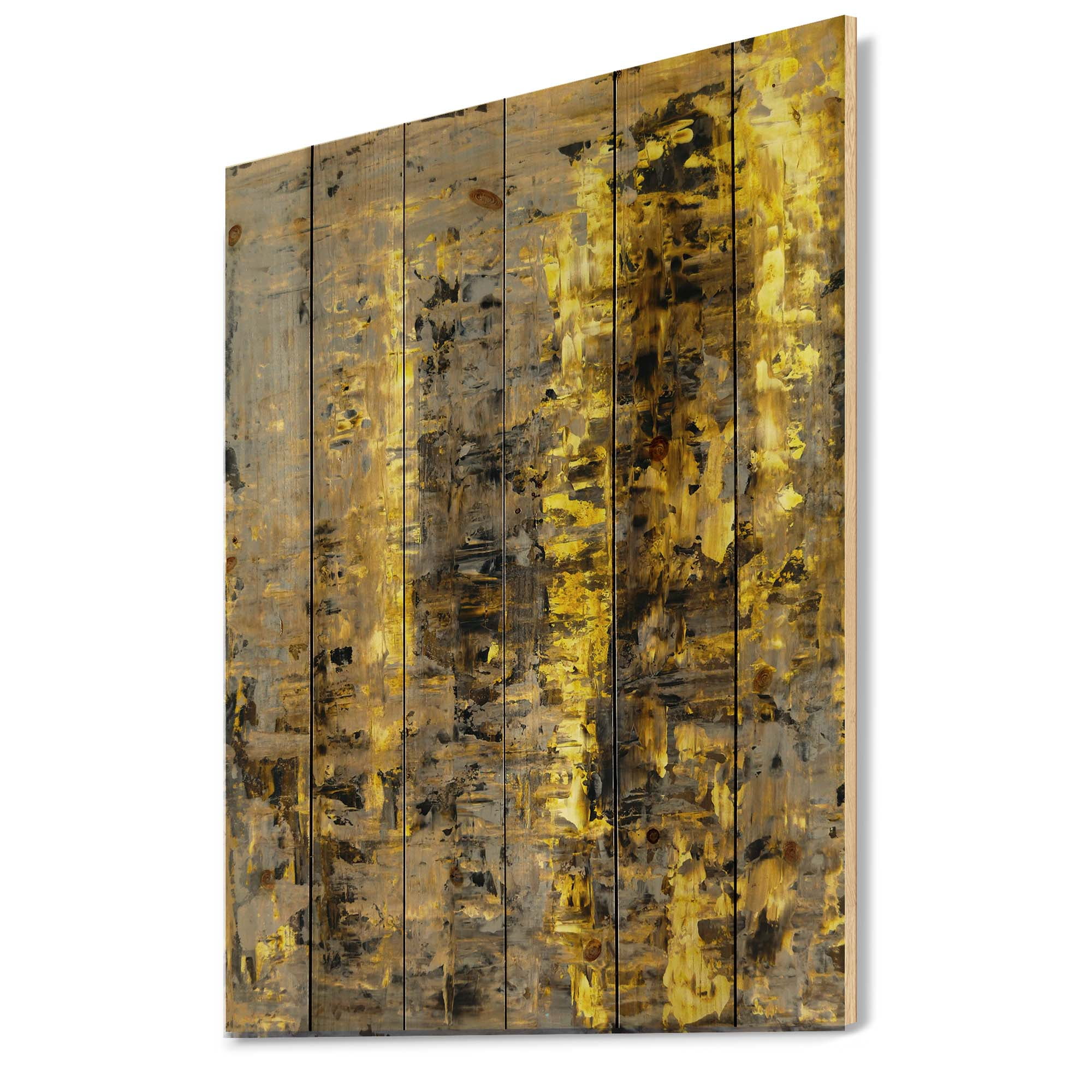 Designart 'Grey Meets Yellow Abstract Art II' Modern Print on Natural Pine Wood