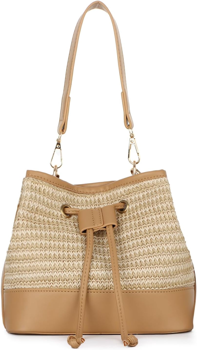 Straw Drawstring Shoulder Bag Bucket Bag for Women Summer Handwoven Beach Vacation Handbag Crossbody Bag