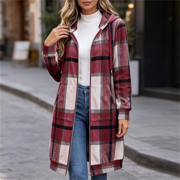 QIYAGBSA Womens Long Plaid Coat Soft Tweed Hooded Zip Up Drawstring Fall Winter Outerwear with Pockets (Wine, M)