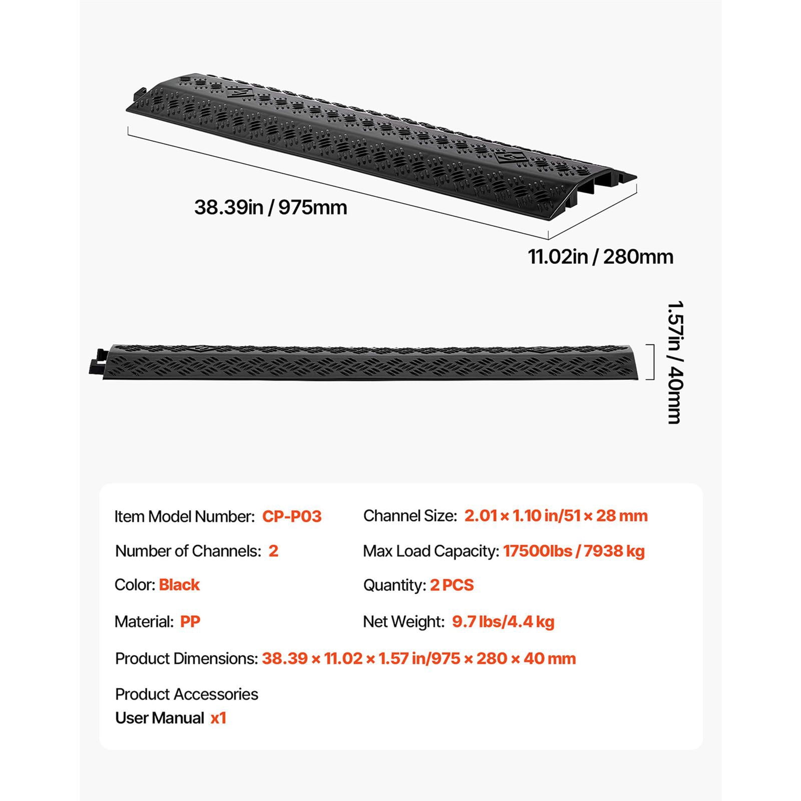 2 Pack Drop Over Cable Cover, 17,500 lbs/Axle Load Capacity, Heavy Duty Cable Hose Protector Ramp, Floor Cord Cover, for High Walking Traffic Areas, Indoor, Outdoor, Home, Office, Warehouse