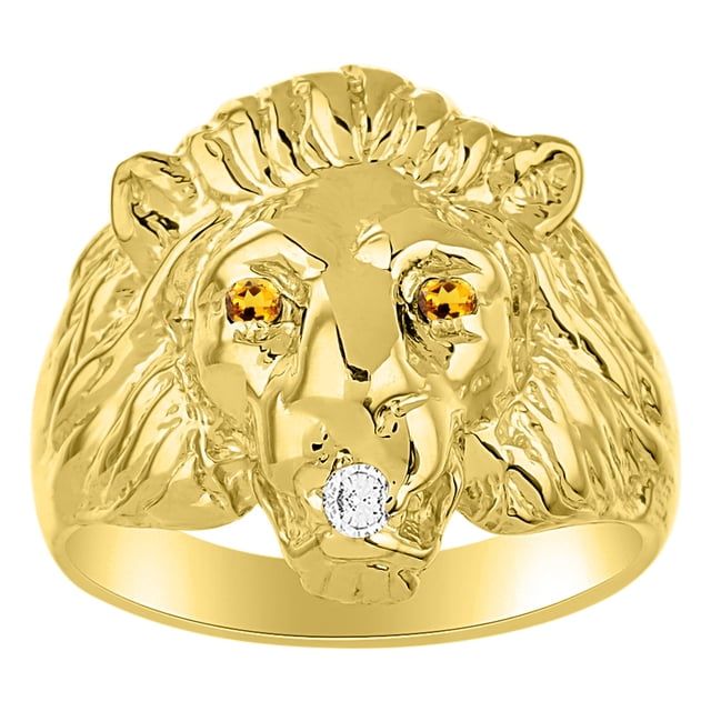 RYLOS Lion Head Ring with Gemstone Eyes & Diamond Mouth – Fun Designer Rings in Yellow Gold Plated Silver Citrine Size 13
