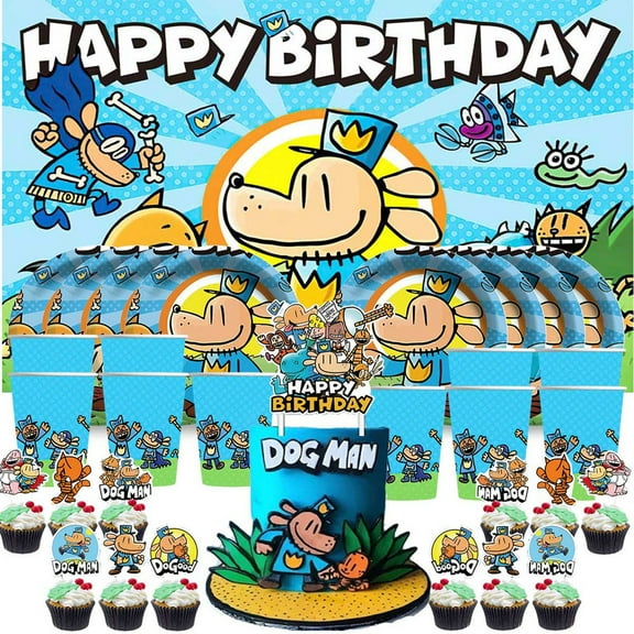 Dog Man Birthday for Boy Cups Party Supplies Decor Backdrop Paper Plates Fans Decorations Banner