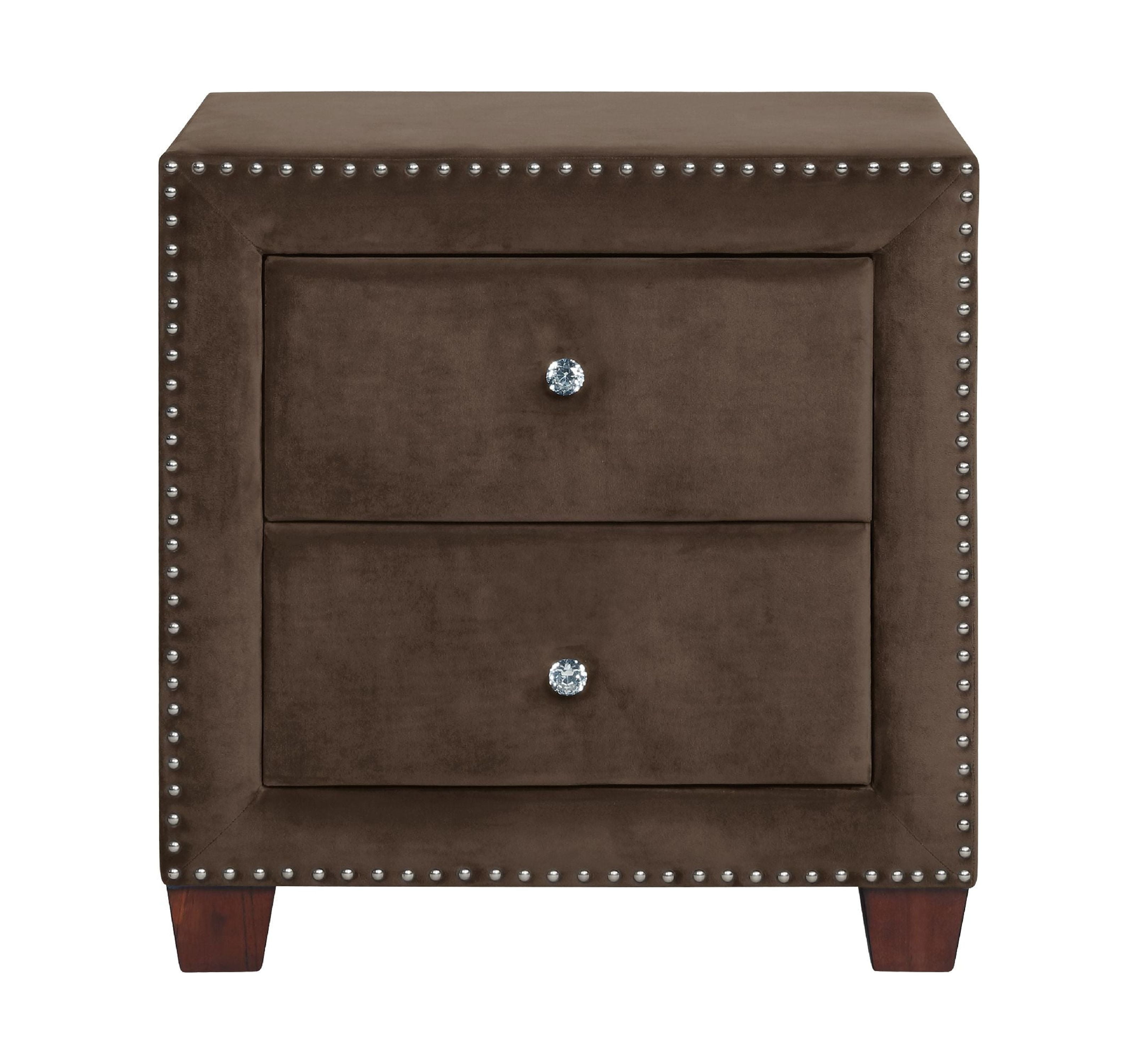 Nathaniel Home Storage Nightstand with 2 Drawers, Faux Velvet Upholstered Nightstand, Modern Bedside Table with Nail Head Trim, Brown