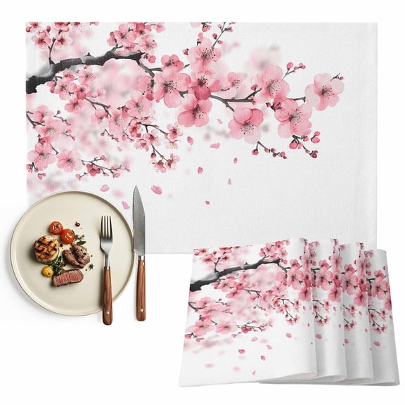 Pink Floral Cherry Blossom Placemat of 1 PC, Spring Flower Table Mats Washable Heat-Insulation Non-Slip Place Mats for Kitchen Dinner Table Indoor Outdoor Decor,13x19 Inch White
