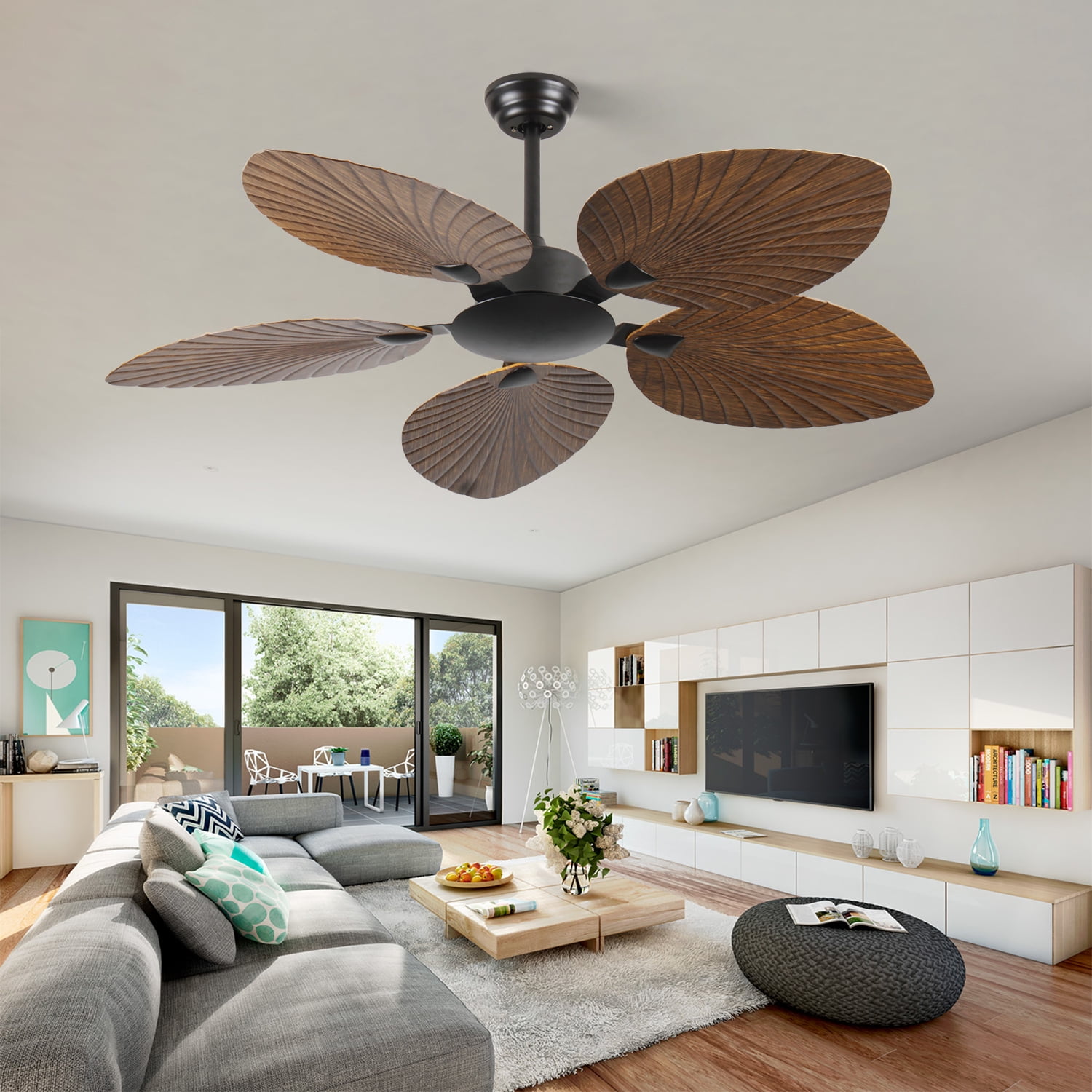 52 In Indoor/Outdoor Brown Retro Tropical 5-Palm Leaf Ceiling Fan, No Light, 6-Speed with Forward/Reverse