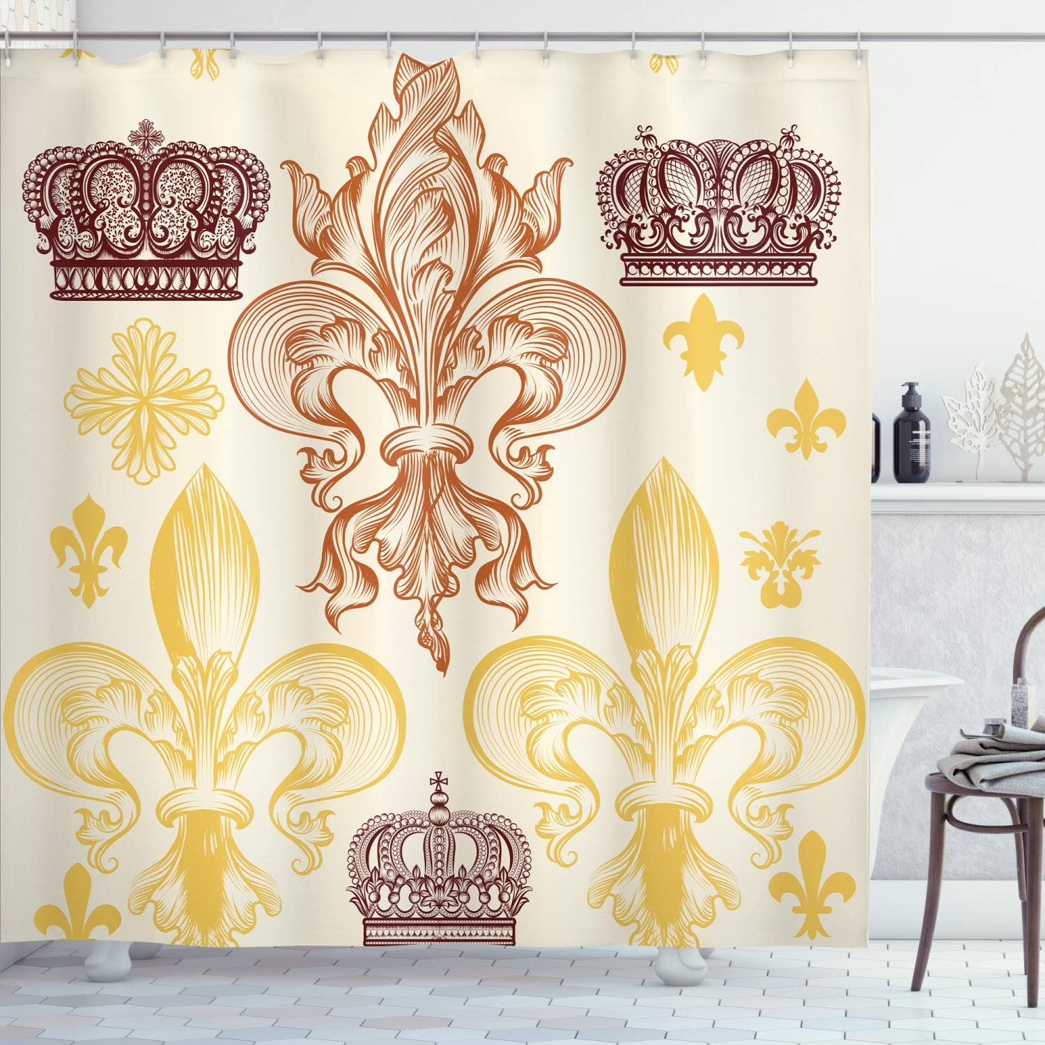 SPXUBZ Fleur De Lis Shower Curtain, Heraldic Pattern Royal Flower and
