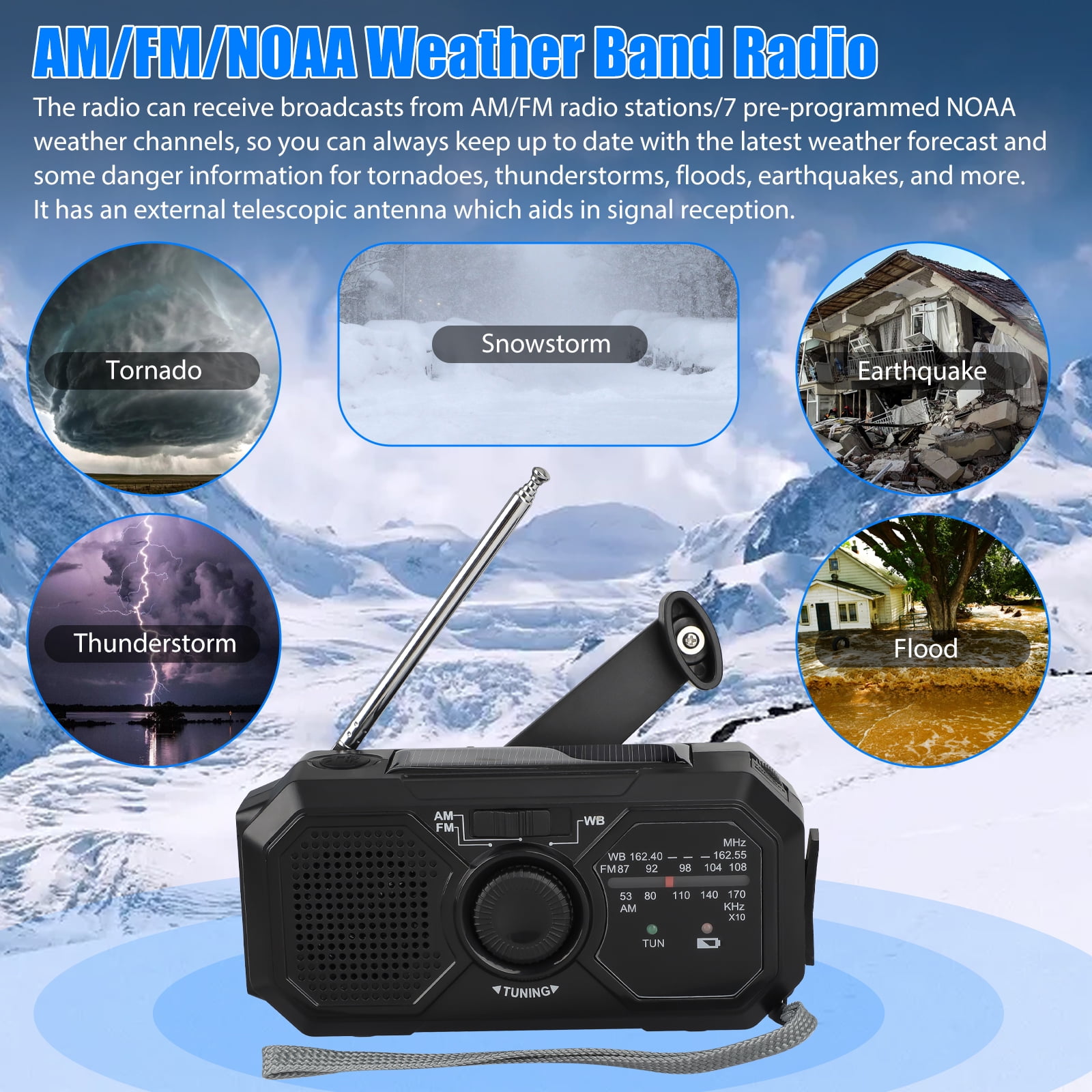 NOAA Weather Radio, Weather Radio NOAA Alert with LED Flashlight, 1200mAh Power Bank, SOS Alarm, FM AM SW Emergency Solar Hand Crank Radio for Camping, Hiking, Traveling