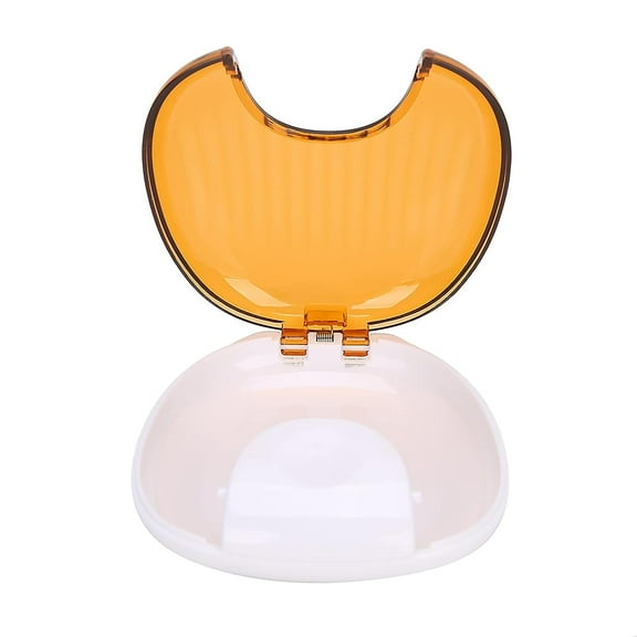 Portable Waterproof Denture Case, Dustproof Shell Shape, Retainer Container with Pick Hook and Teether, Keep Your Mouthguard Clean (orange white background)