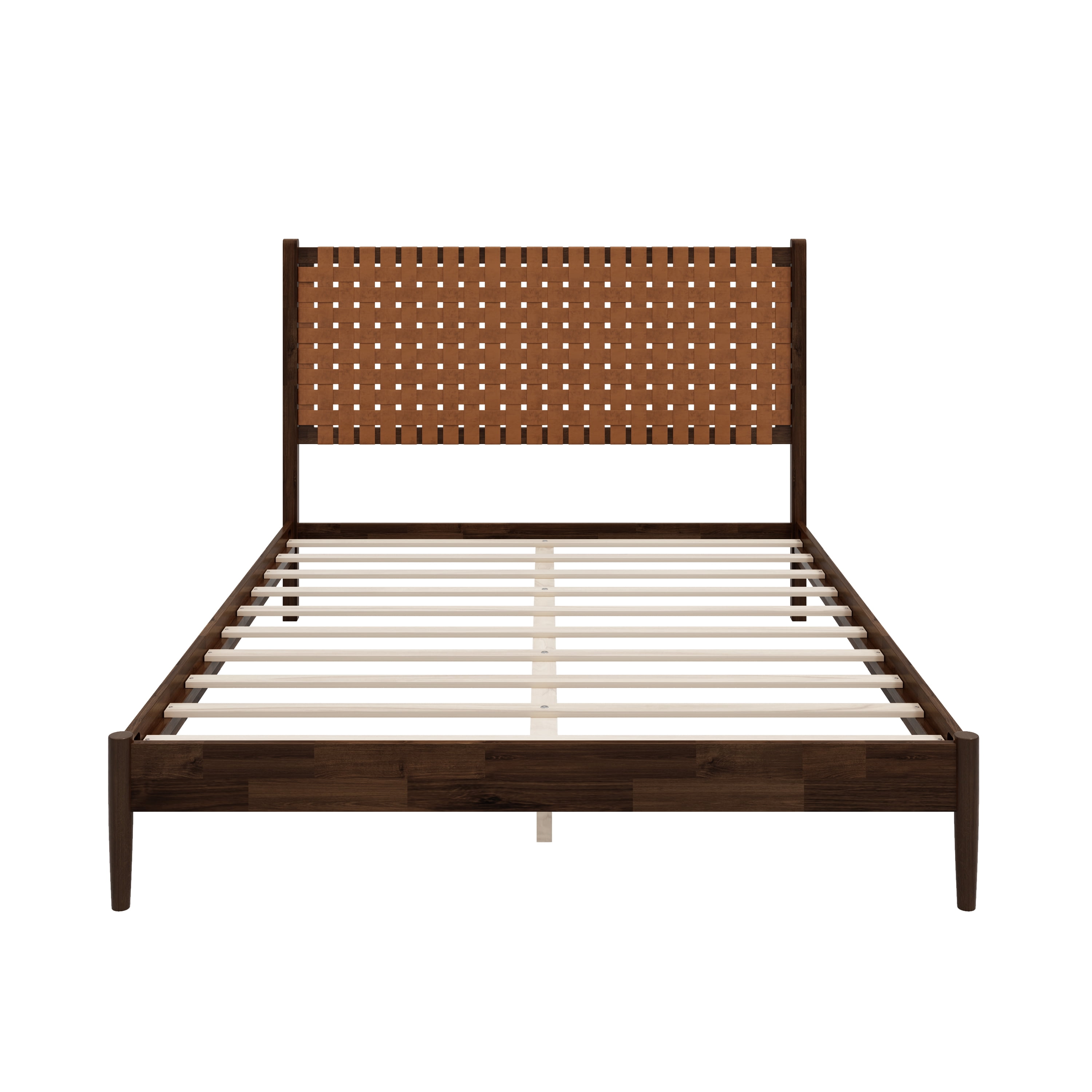 Euroco Solid Acacia Wood Queen Size Platform Bed, Mid-Century Modern Style Bed with Hand-Woven Vegan Leather Headboard, No Box Spring Needed, Dark Brown