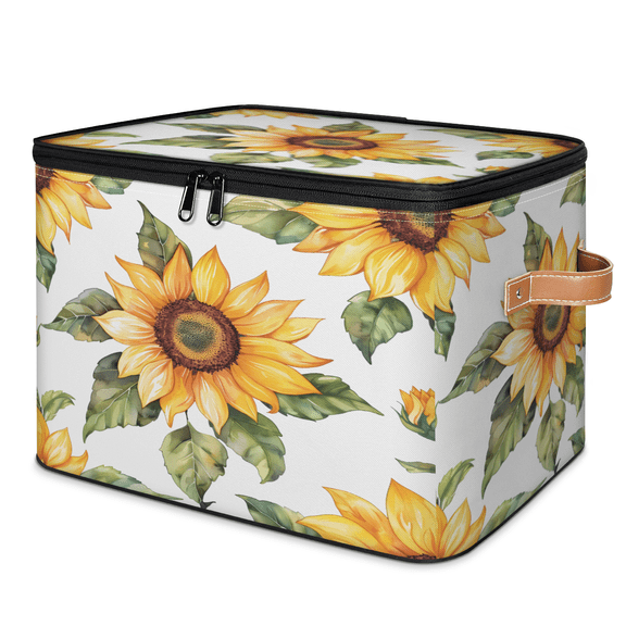 CURLYOOT Sunflower Fabric Storage Bins with Lids, Sunflowers Foldable Storage Boxes Washable Storage Cube, Closet Bedroom Home Organizer Containers with PU Leather Handles