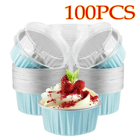 

Aluminum Pans with Lids Disposable Aluminum Foil Muffin Liners Ramekins Cupcake Baking Cups Containers (Blue 100PCS)