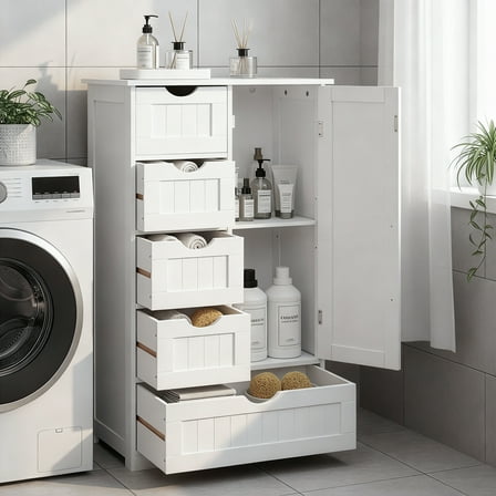 Ktaxon Wooden Bathroom Floor Cabinet, Side Storage Organizer with 5 Drawers, 1 Cupboard & 2-Shelves, White