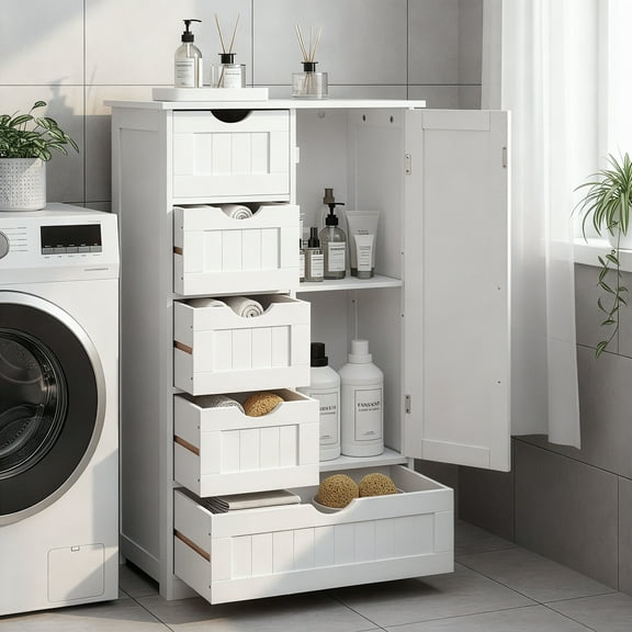 Ktaxon Wooden Bathroom Floor Cabinet, Side Storage Organizer with 5 Drawers, 1 Cupboard & 2-Shelves, White