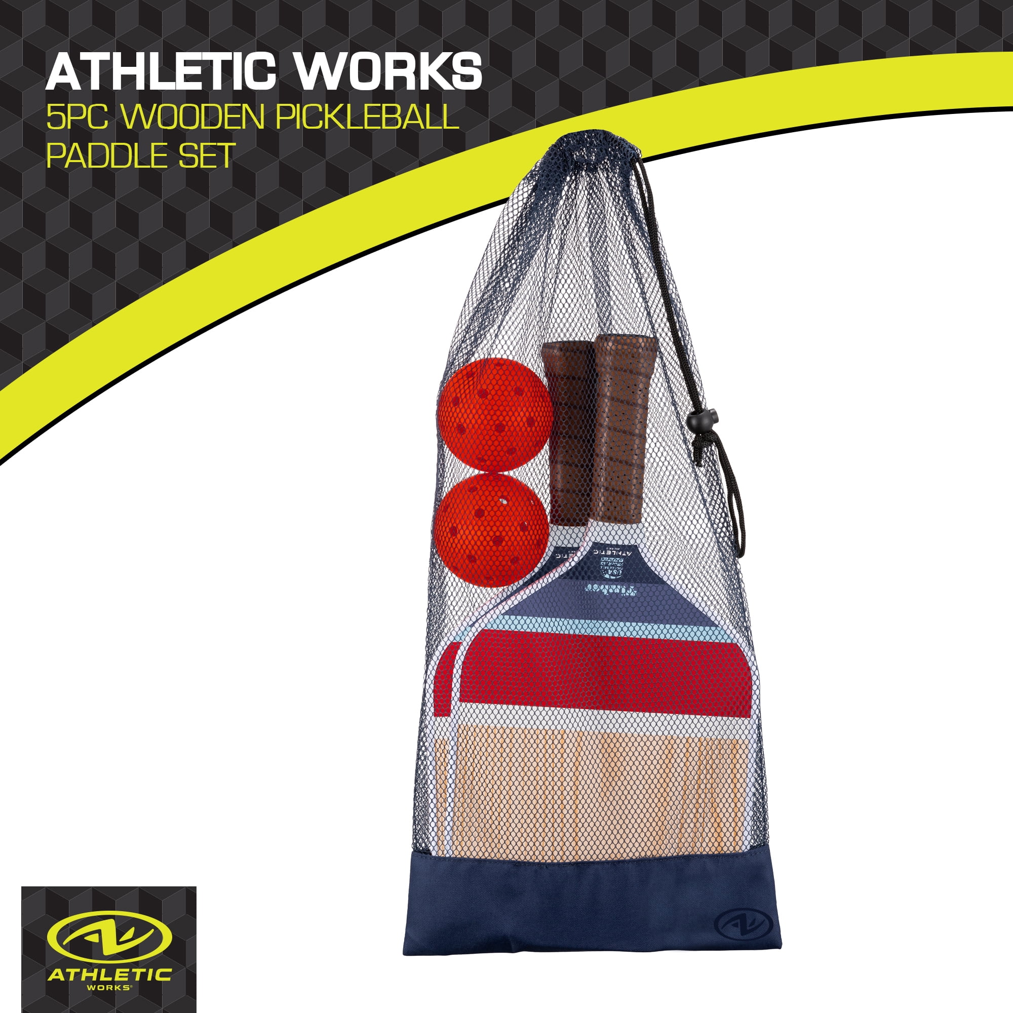 Athletic Works Timber Wooden 2-Player Pickleball Paddle Set, Includes 2 Paddles/2 Pickleballs/Carry Bag, Red/White/Blue