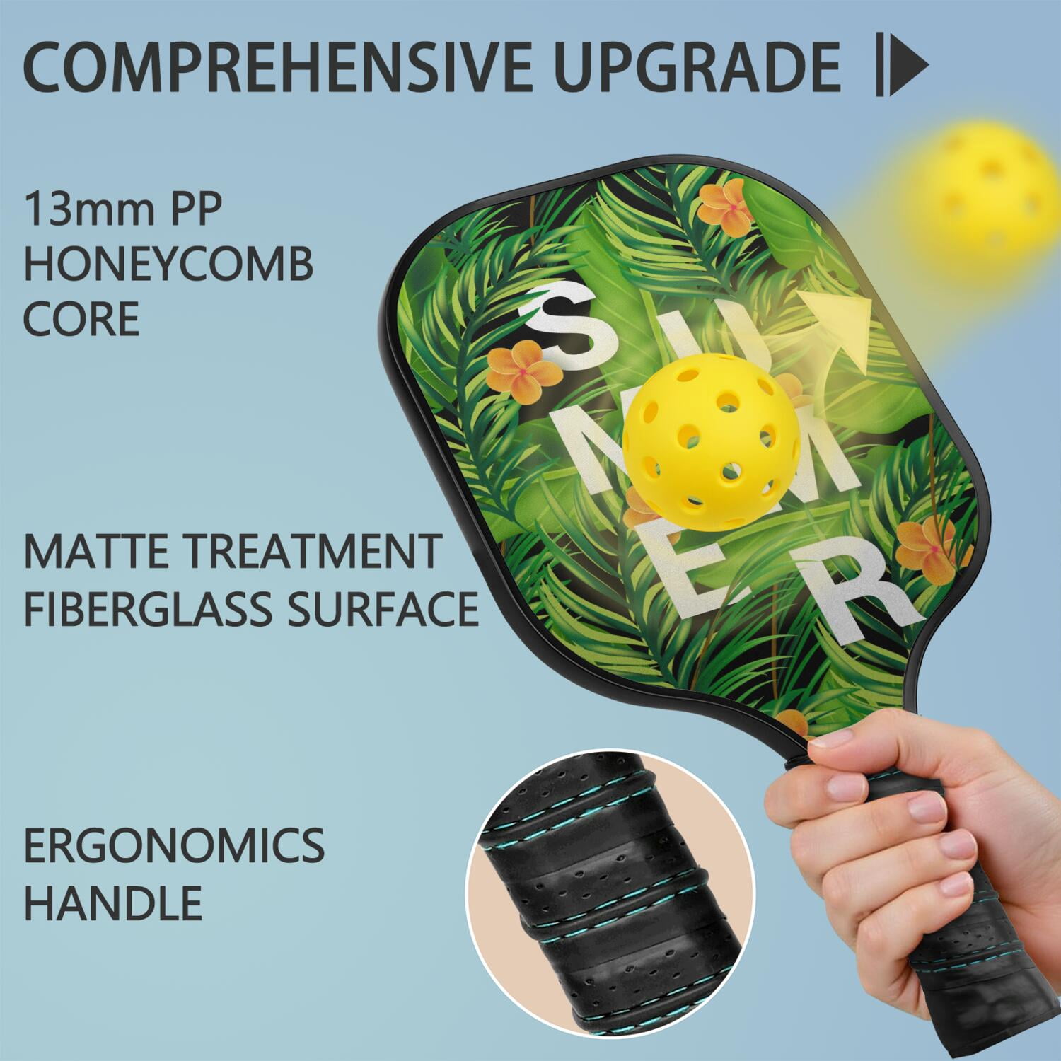 Pickleball Paddles Set Of 2, Fiberglass Surface, Tropical Jungle Print, 4 Balls & Bag