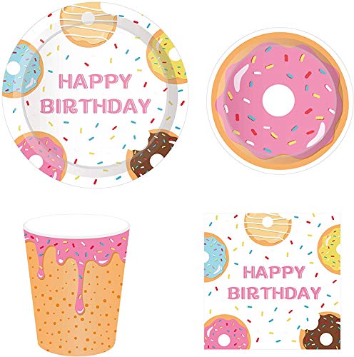 Anor Wishlife Donut Party Supplies,Donut Grow Up Party Supplies-Serves 8-Includes Donut Paper Plates,Cups,Napkins and Straw for Donut Party, Donut Grow Up Party, 1st Birthday,Baby Shower(44Pcs)