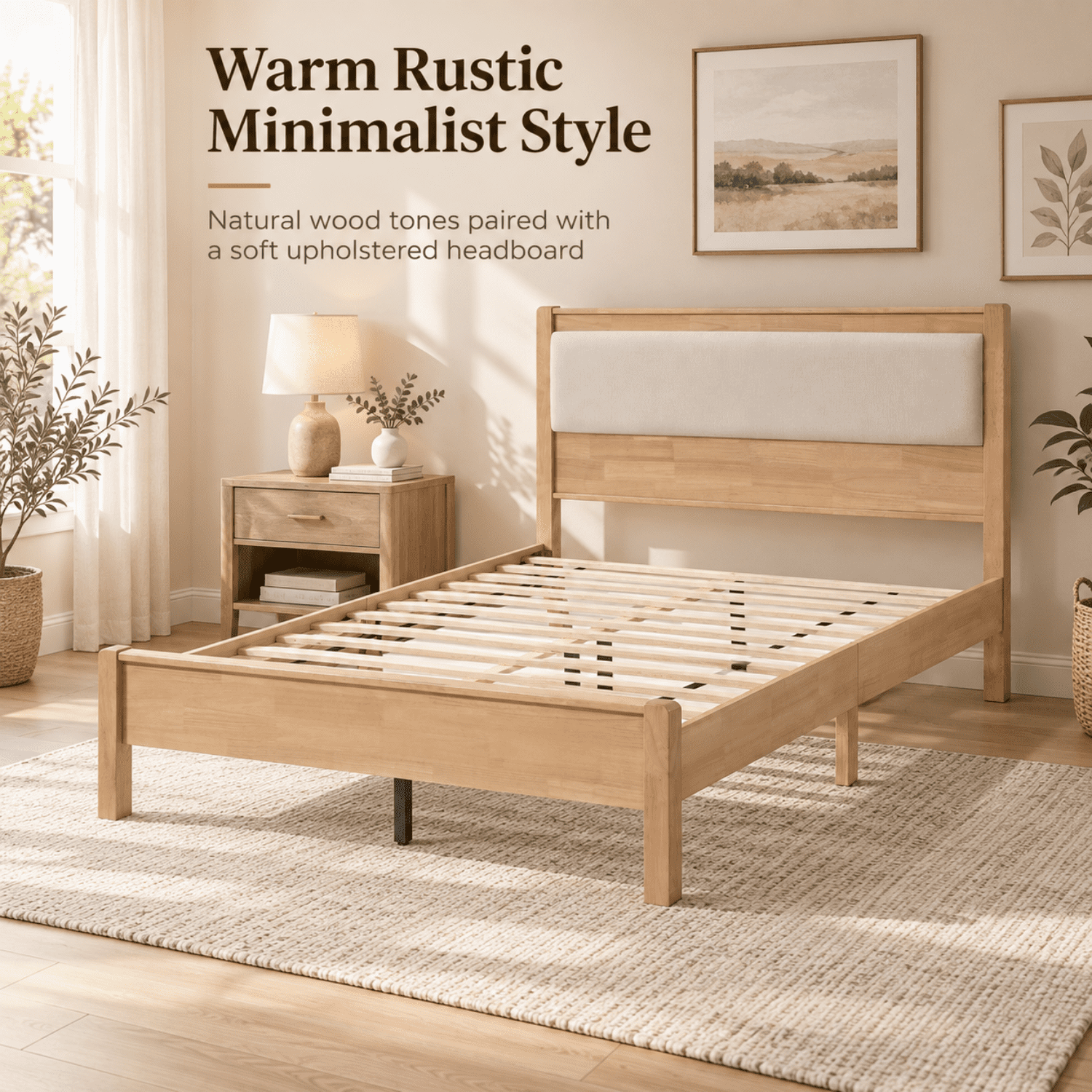 Miniyam Full Rubberwood Platform Bed Frame with Padded Upholstered Headboard, Natural