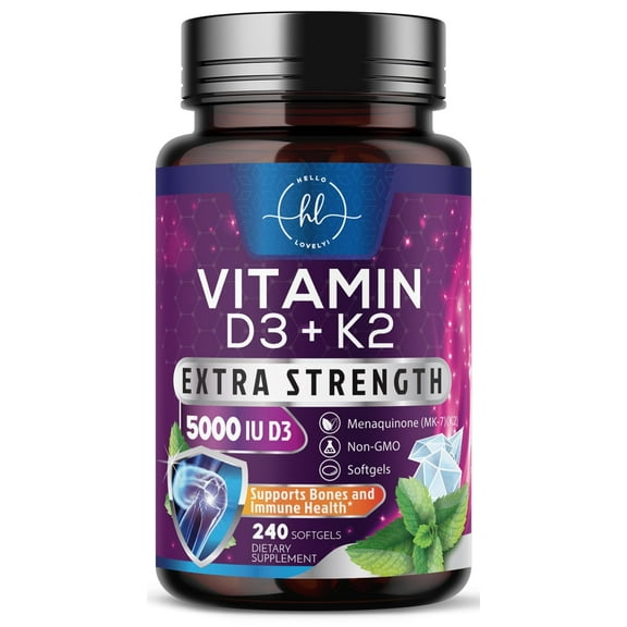 Vitamin D3 K2 5000 IU Plus with K2 (MK-7) 100 mcg - Vitamins D & K Complex Supplement for Bone, Teeth, Muscle, Calcium Absorption, Supports Immune & Heart Health, Non-GMO, Oil Formula - 240 Softgels