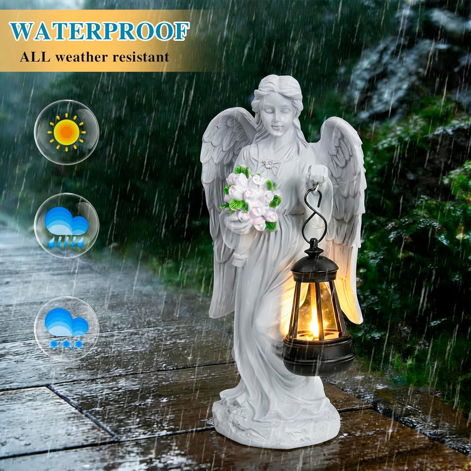 Holding Flowers Angel Garden Statue,Memory Guardian Waterproof Outdoor Solar Garden Decor with Warm Light,Praying Angel Figurine Sculpture for Lawn Yard Patio,Sympathy Gift