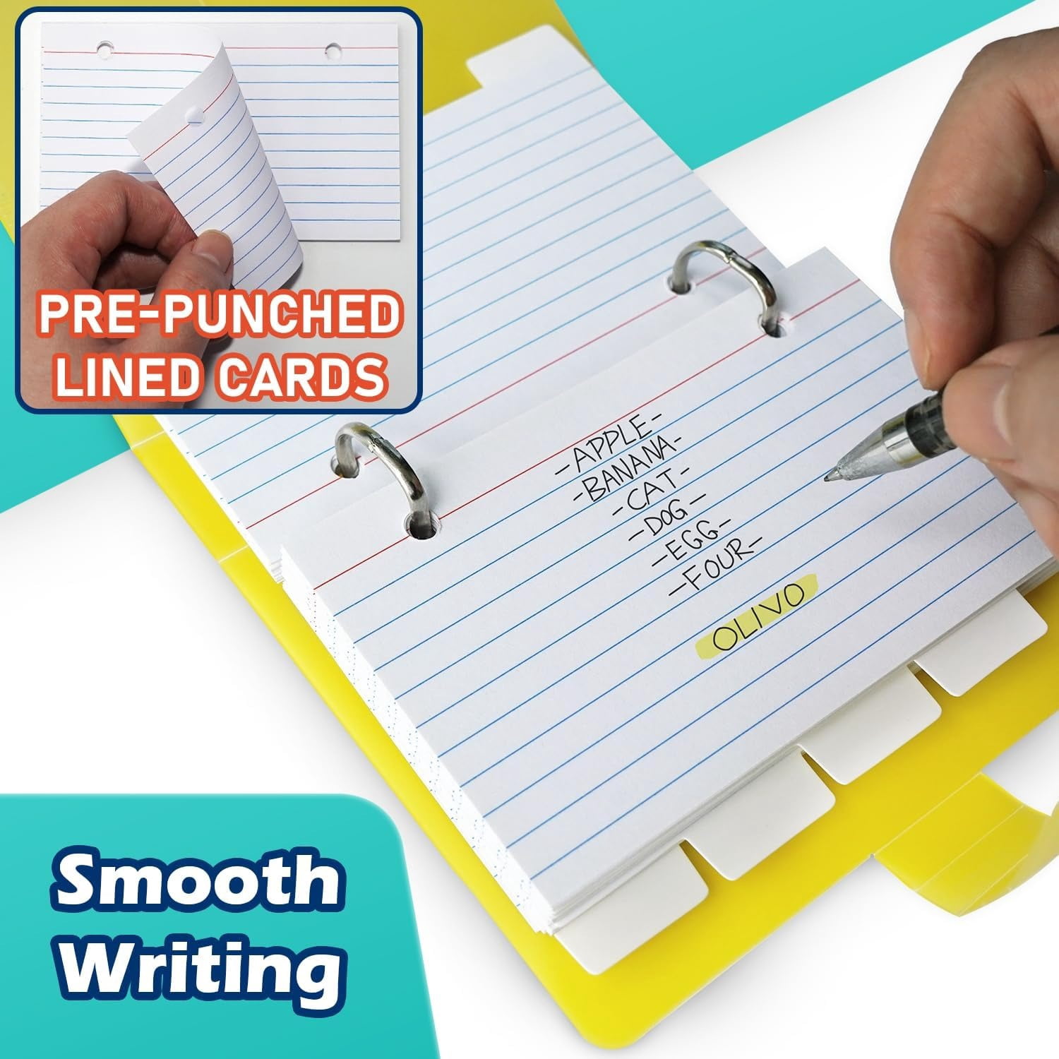 3x5 Lined Index Cards with Ring Binder Holder and Dividers, 100 Ruled Cards 3 Pack