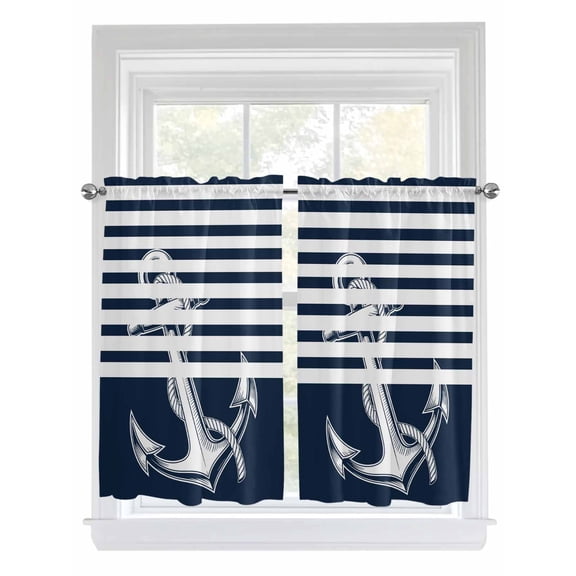 Navy Blue Anchor Bathroom Window Curtain, Nautical Coastal Abstract Art Light Filtering Coffee Kitchen Curtains, Bedroom Living Room Curtains 2 Panel 84"x54"