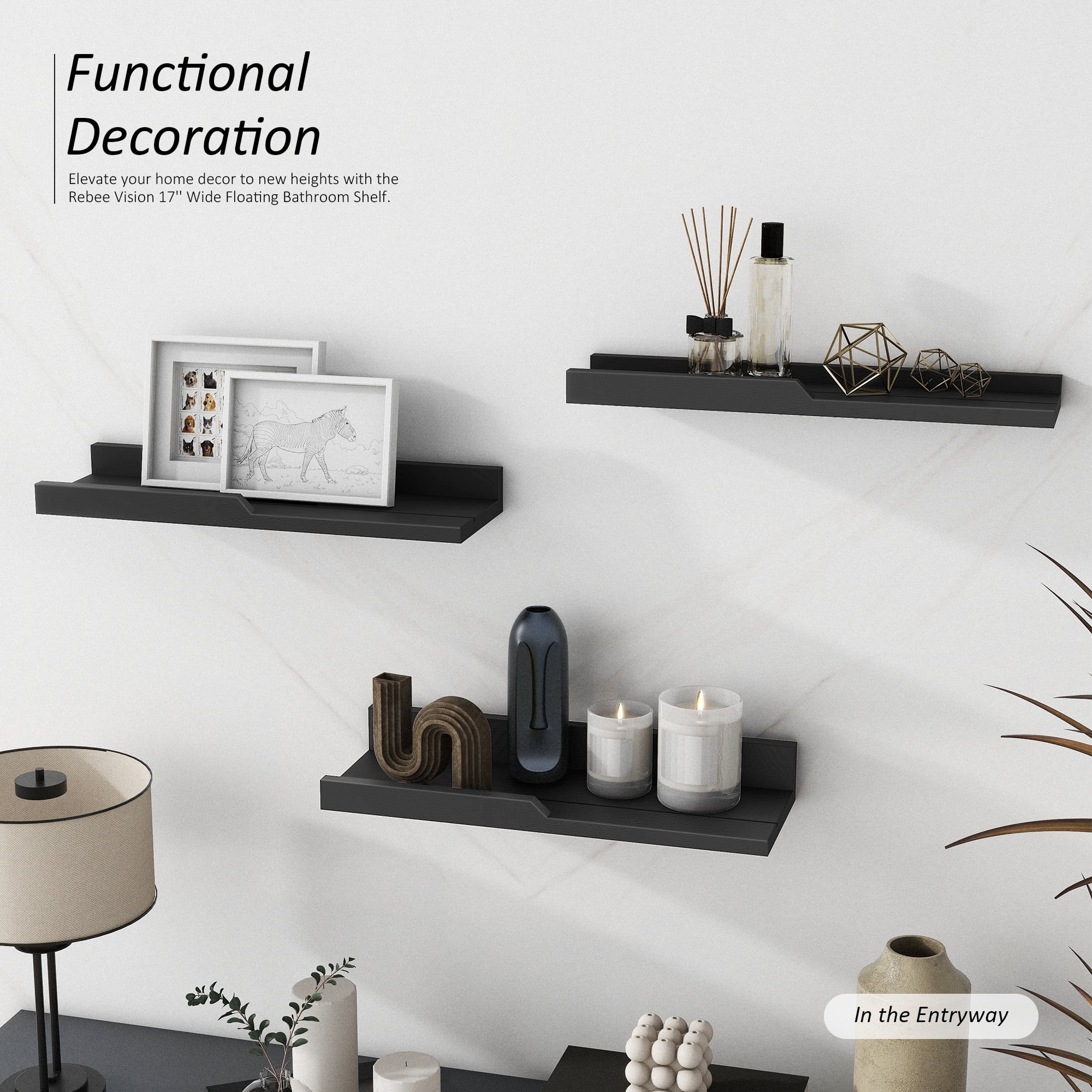 Rebee Vision Modern Floating Shelves Set of 3 : Farmhouse Wall Mounted Bedroom Decor Aesthetic for Multifunctional Storage and Rustic Small Shelf for Apartment Essentials (Stylish Black)