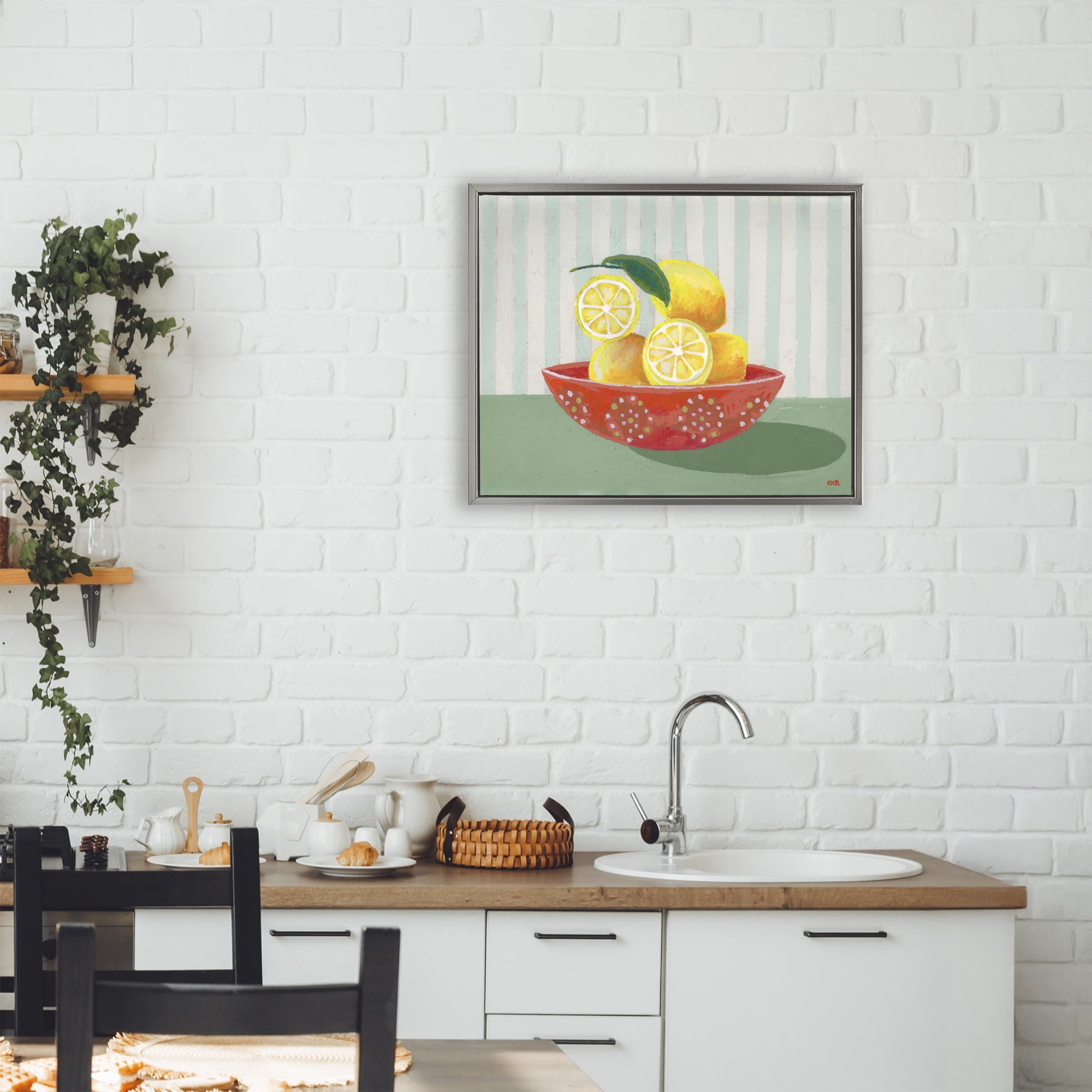 Stupell Industries Sunny Lemons in Red Bowl Gray Framed Floater Canvas Wall Art, design by Rachael Reese