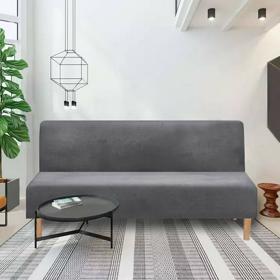 Armless Sofa Bed Cover Thick Velvet Plush Futon Cover Full Size Slipcover, Gray