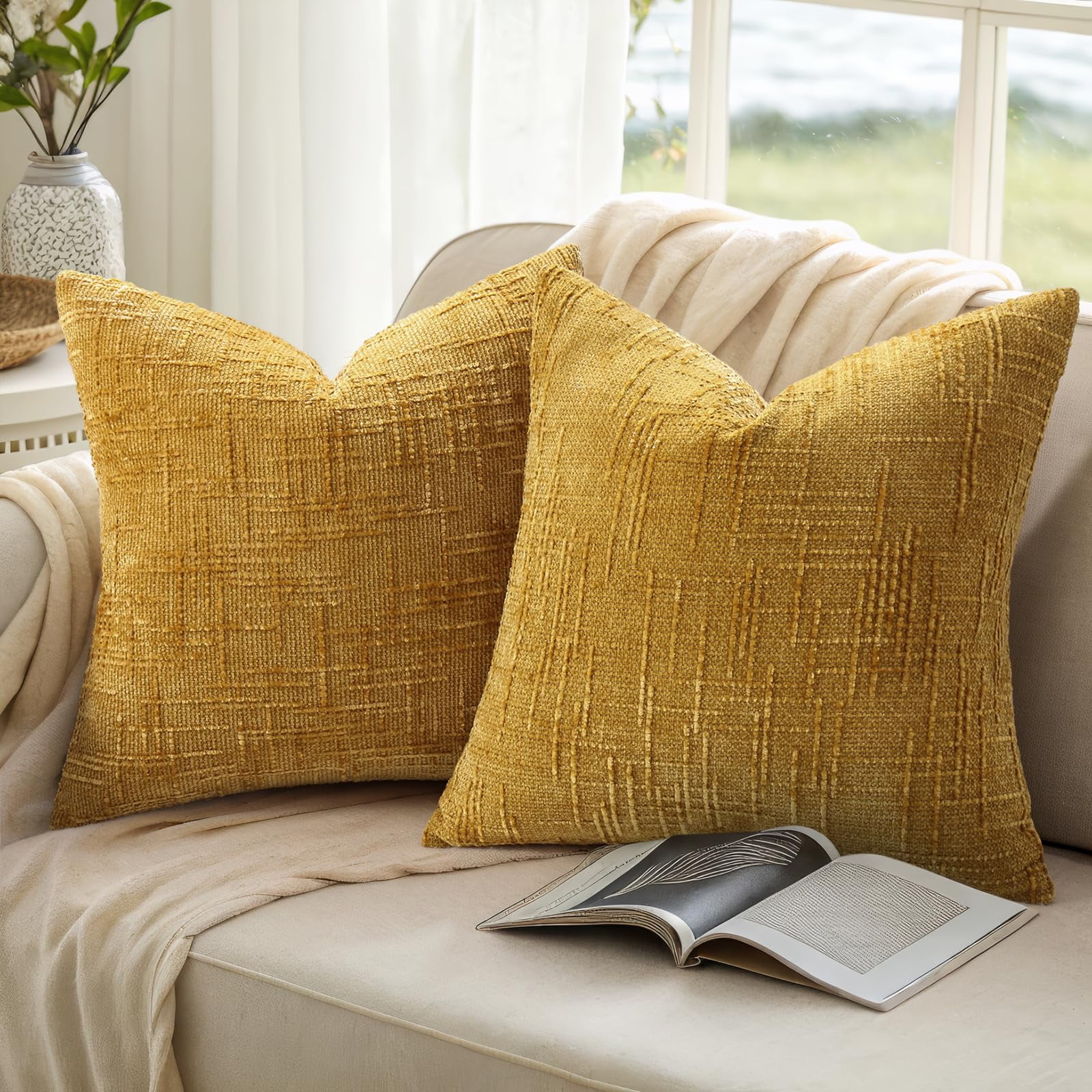 HAPPINESS Chenille Throw Pillow Covers 20x20 Set of 2 Thick Textured Slubby Couch Pillow Covers Farmhouse Accent Modern Neutral Decorative Pillow Cases for Bed Sofa Living Room