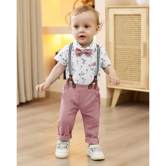 WESIDOM Baby Boy Clothes Suit 0-24M Infant Gentleman Wedding Outfit, Shirt Bowtie Beret Suspender Pants Clothing Set