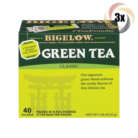 3x Boxes Bigelow Classic Natural Green Tea - 40 Tea Bags Per Box - 1.82oz