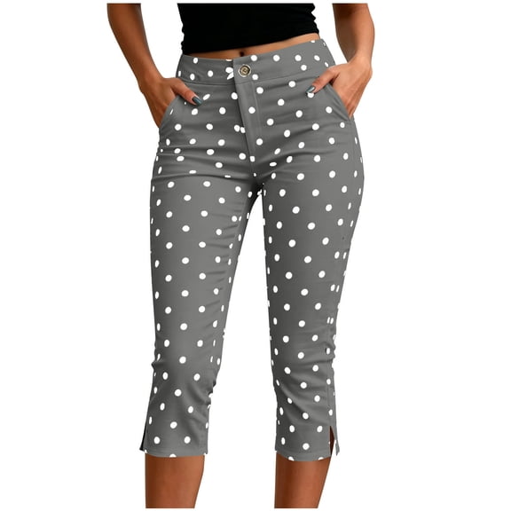 Women’s Polka Dot Capris - High Waist Yoga Cropped Pants - Split Slim Fits Sports Workout Trousers with Pockets
