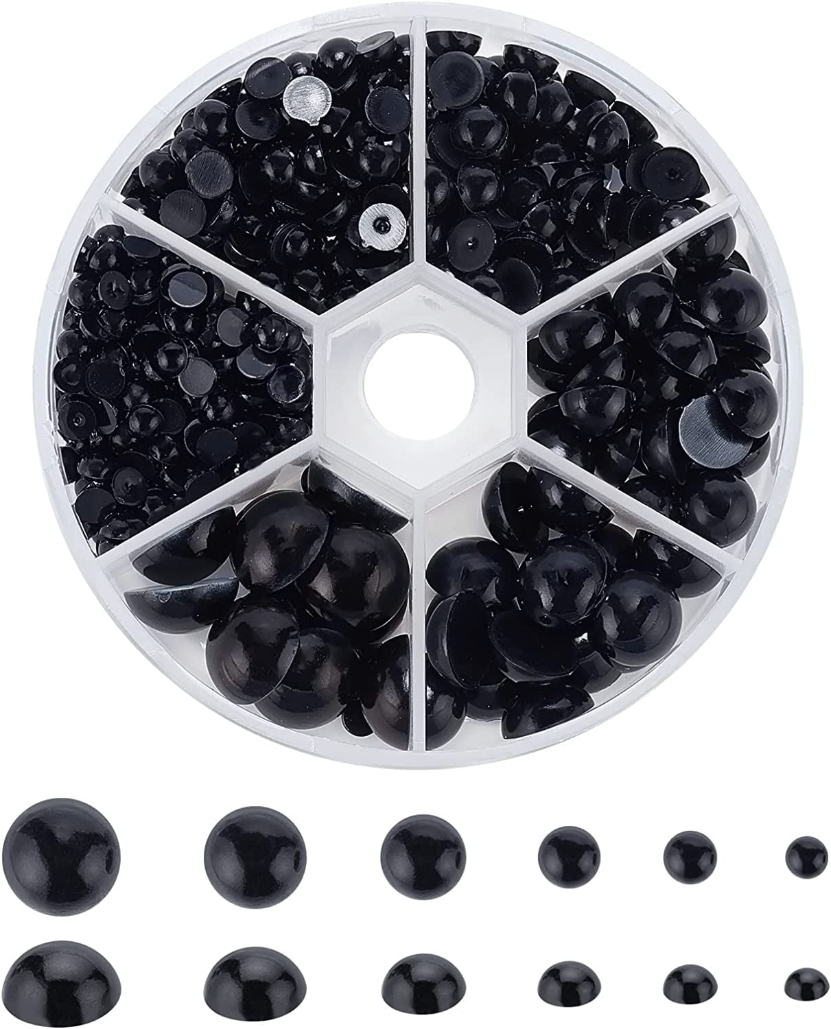PH PandaHall 1070pcs Black Round Beads, 6 Sizes Smooth Spacer Beads ABS Plastic