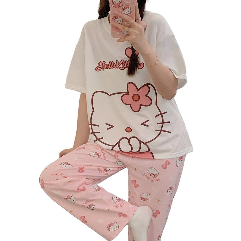 2021 Sanrio Hello Kitty short-sleeved long-sleeved suit girls summer new  pajamas women sleepwear