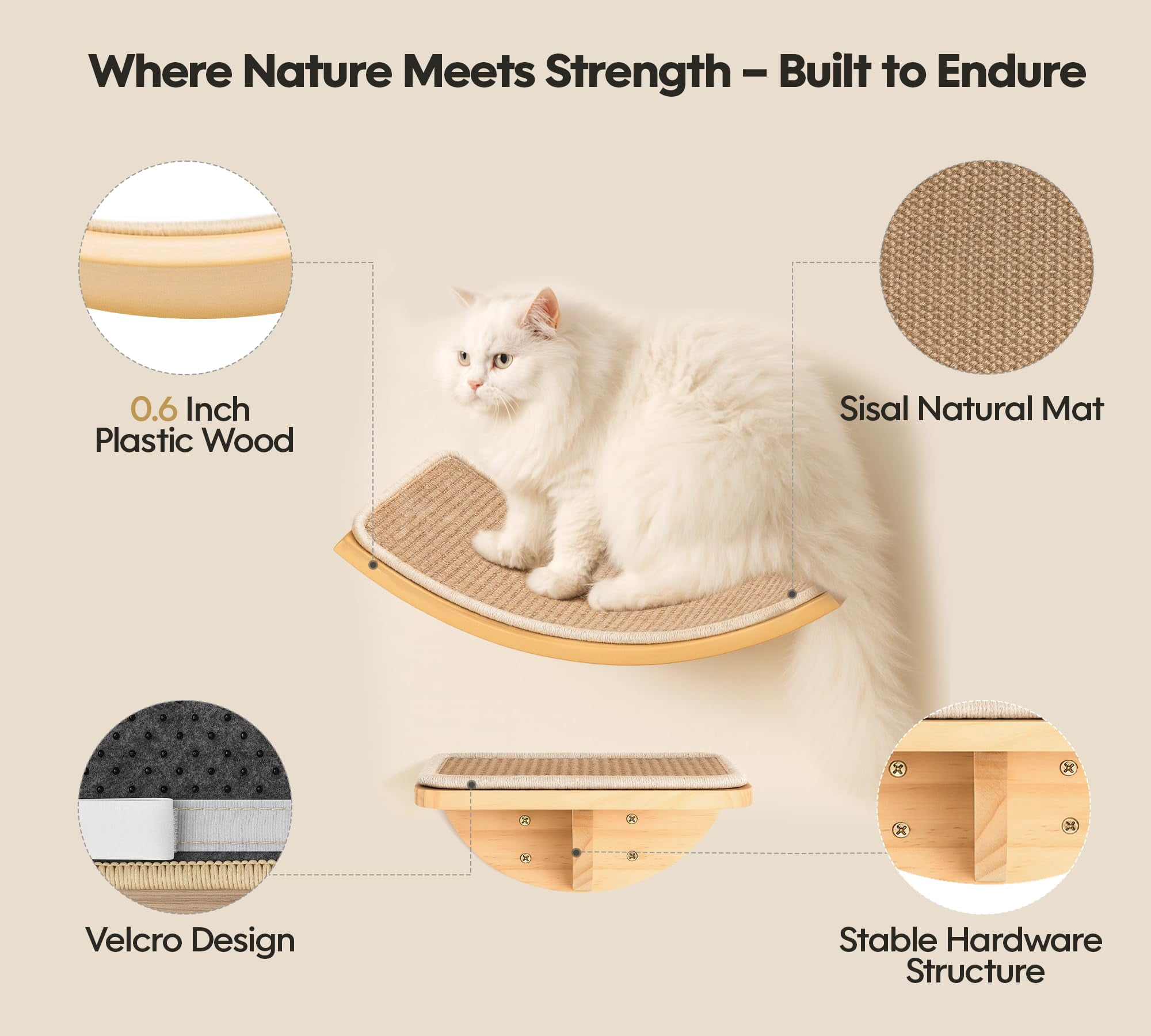 Curved Cat Wall Hammock With Scratchable Sisal Pad  Large Floating Shelf For Mounted Beige Bed Playing Climbing And Sleeping