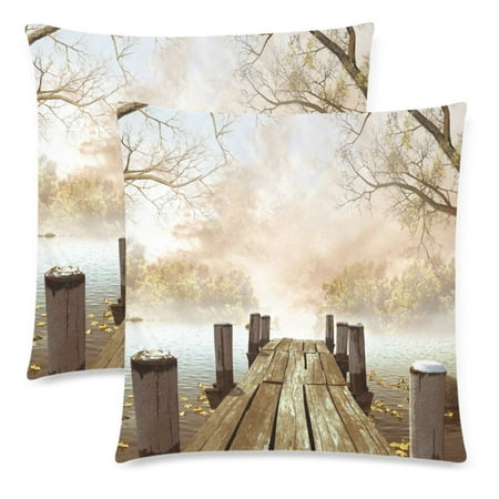 Cushion Cover Set YKCG Ocean Decor Wooden Bridge with Tree Leaves Branch Throw Pillowcase Pillow Case 18x18 Twin Sides for Couch Bed, Fall Season Nature Zippered Cushion Pillow Cover Shams Decorative, Set of 2 ()