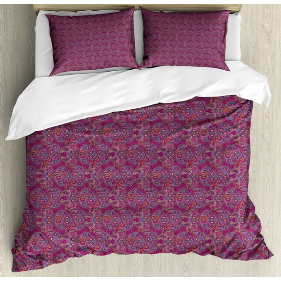 Purple Hippie Duvet Cover Set, Illustration of Colorful Paisley Design Traditional Vibes, Decorative 3 Piece Bedding Set with 2 Pillow Shams, Calking Size, Purple and Multicolor, by Ambesonne