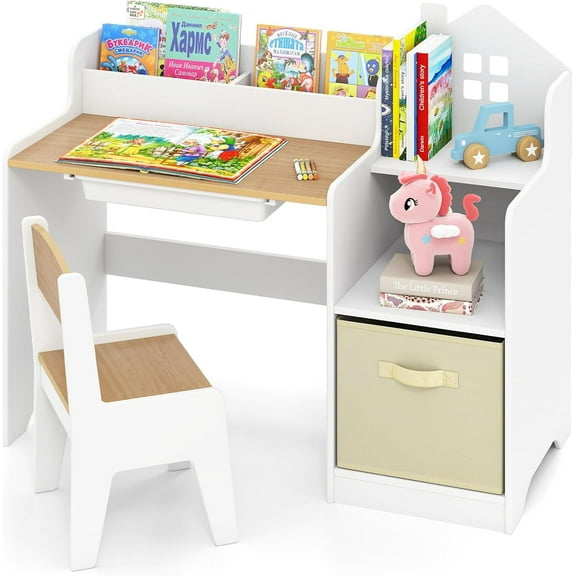 OLAKIDS Kids Table and Chair Set, Toddler Art Craft Play Wood Activity Desk with Chairs Storage Canvas Bin for Writing Drawing, Children Furniture for Daycare Nursery Boys Girls 3 