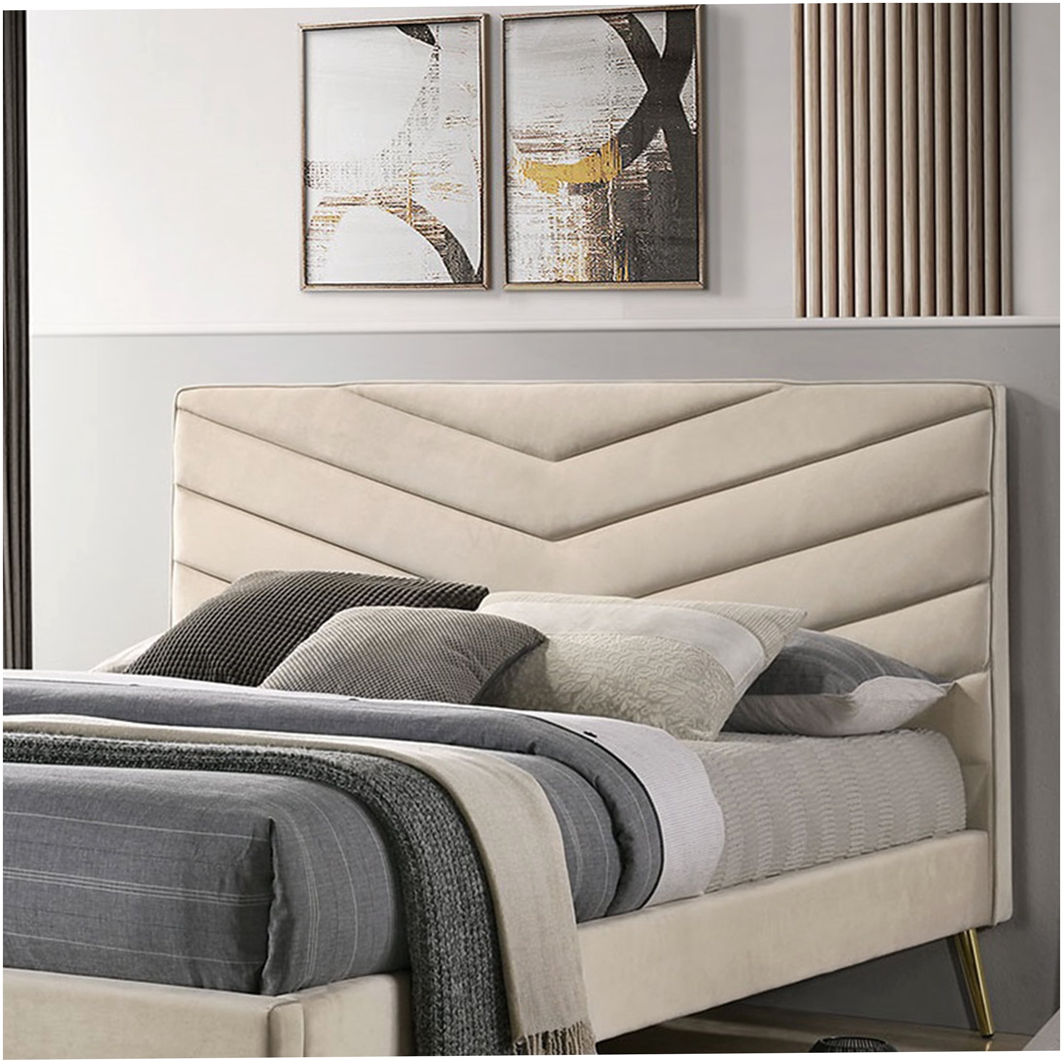 Mid-Century Modern Queen Bed Frame with Tufted Chevron Headboard, Upholstered in Beige with Gold Metal Legs