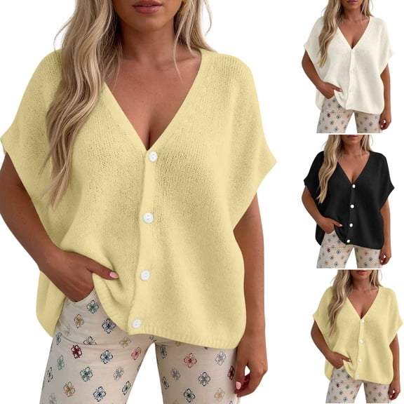 Wlynlyn Womens Blouses V Neck Short Sleeve Oversized Button down Cardigans Casual Solid Color Knitwear Sweater Tops