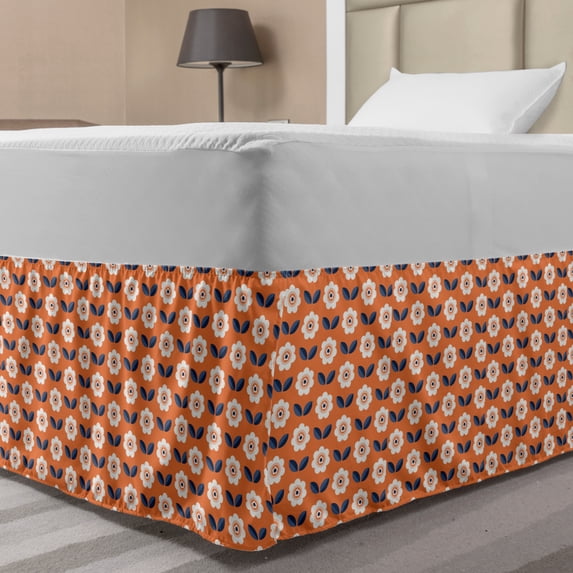 Flower Bed Skirt, Warm Colored Background with Flourishing Petals and Leaves Arrangement, Elastic Bedskirt Dust Ruffle Wrap Around for Bedding Decor, 4 Sizes, Pale Orange Dark Blue, by Ambesonne