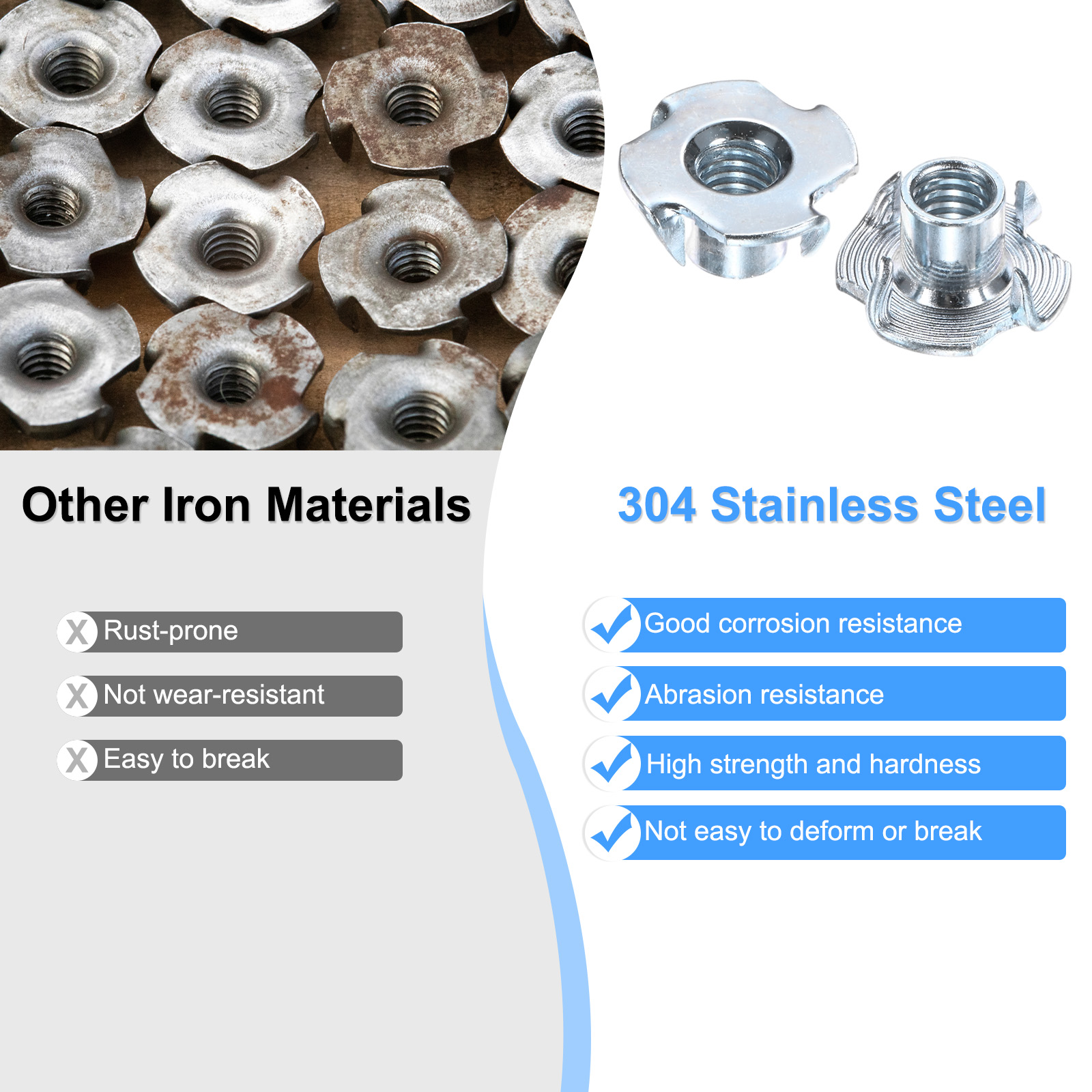 Uxcell 100-Pack 5/16-UNC T-nut, 3/8" Barrel Length Carbon Steel4-Pronged Tee Nut Threaded Insert Corrosion Resistant Fasteners