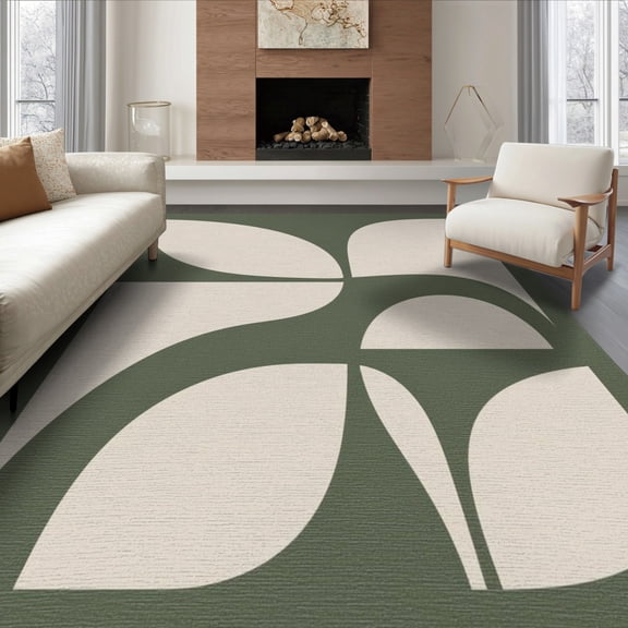 ODIKA 8'x10' Washable Area Rug Non-Slip Chair-Friendly Mat Green Cream Geometric Leaf Design Elegance Contemporary Art Inspired for Dining Room, Large Office, Lounge