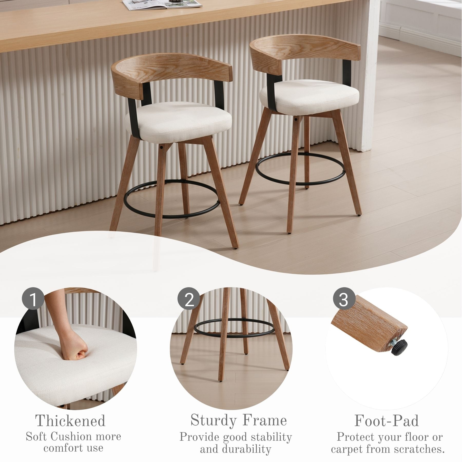Dayalane Mid Century Modern Bar Stools Set of 2, 26" Swivel Counter Stools with Barrel Back, Linen Upholstered Barstools with Wood Legs for Kitchen Island, Dining Room, Home Bar, White