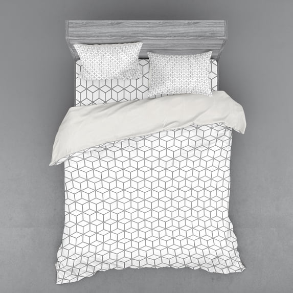 Abstract Duvet Cover Set, Minimalist Cubes in Trippy Simplistic Geometric Square Shapes Modern Graphic, Bedding Set with Shams and Fitted Sheet, 3 Sizes, by Ambesonne